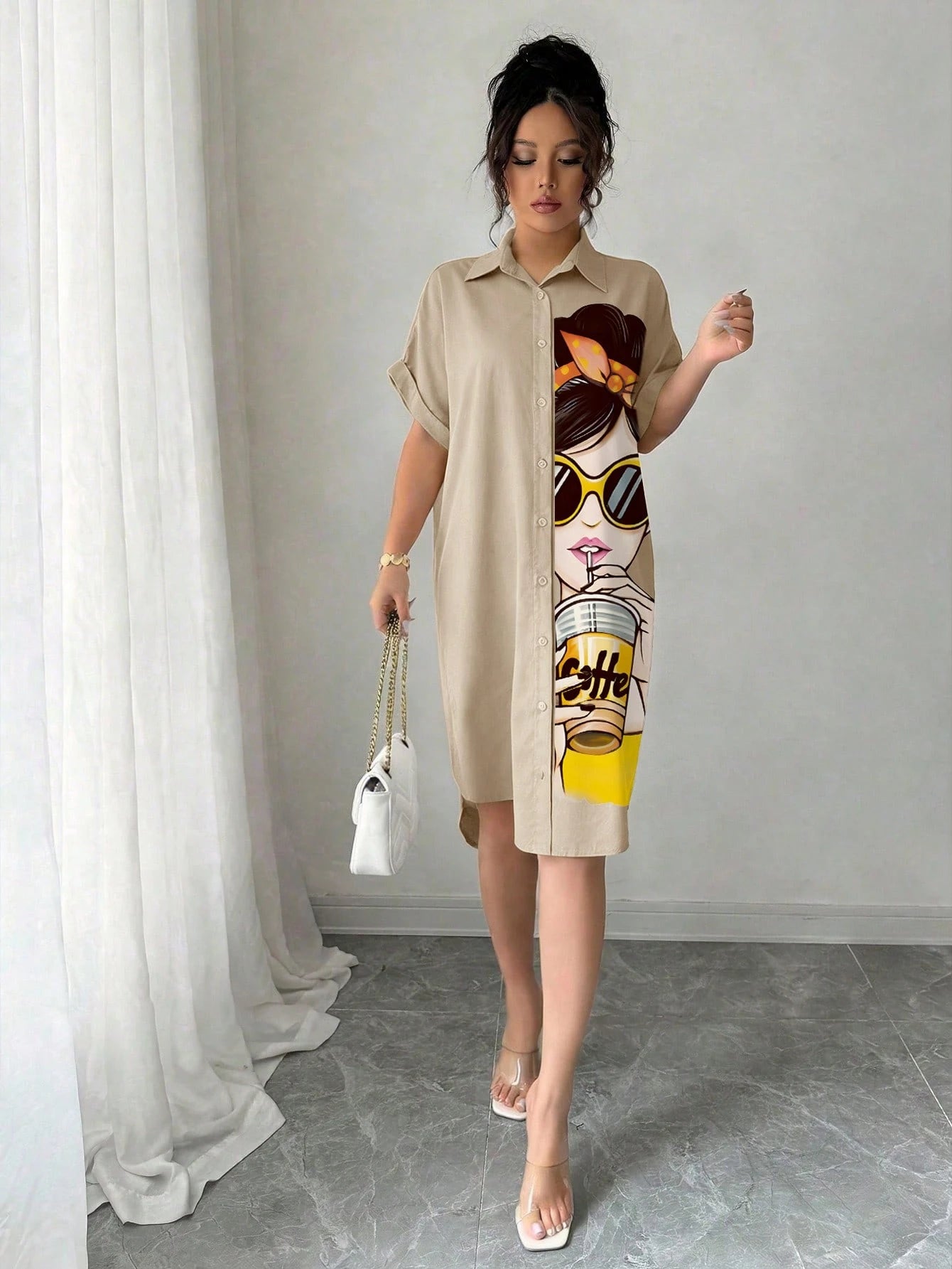 LUNE Women Khaki Casual Shirt Dress With Collar Batwing Short Sleeves And Asymmetrical Knee Length Hem