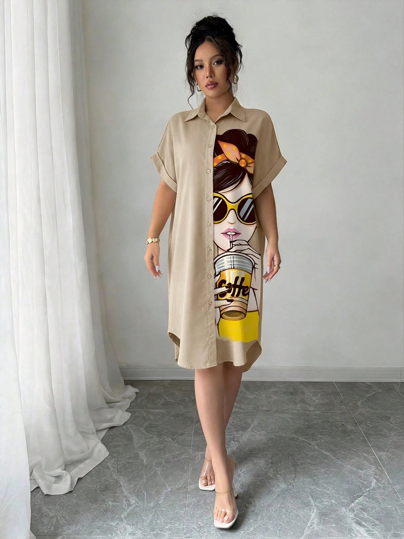 LUNE Women Khaki Casual Shirt Dress With Collar Batwing Short Sleeves And Asymmetrical Knee Length Hem