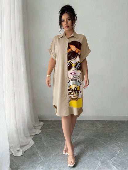 LUNE Women Khaki Casual Shirt Dress With Collar Batwing Short Sleeves And Asymmetrical Knee Length Hem