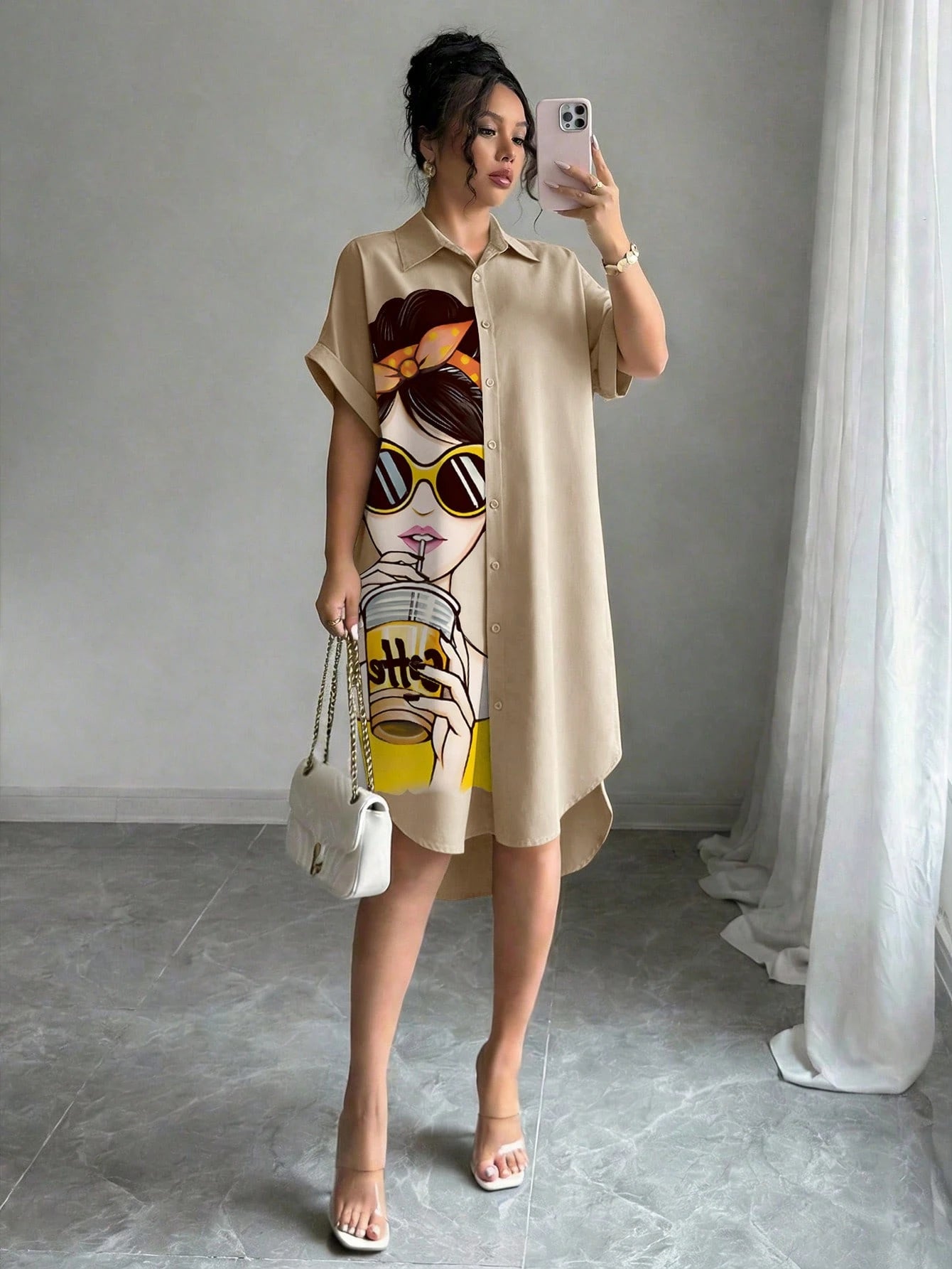 LUNE Women Khaki Casual Shirt Dress With Collar Batwing Short Sleeves And Asymmetrical Knee Length Hem