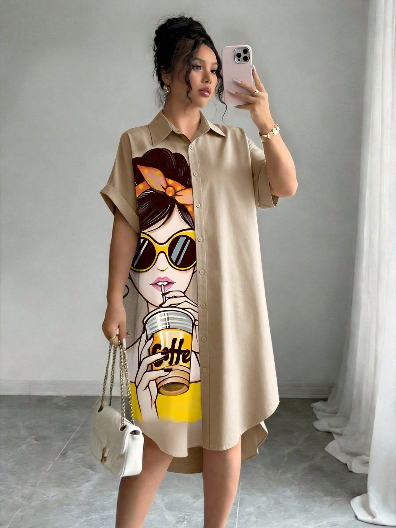LUNE Women Khaki Casual Shirt Dress With Collar Batwing Short Sleeves And Asymmetrical Knee Length Hem
