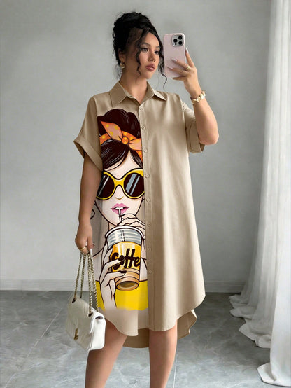 LUNE Women Khaki Casual Shirt Dress With Collar Batwing Short Sleeves And Asymmetrical Knee Length Hem