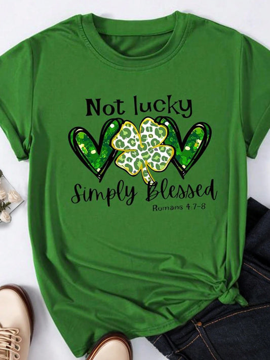 LUNE Women Plus Size Casual Heart, Letter & Clover Pattern Round Neck Short Sleeve T-Shirt, Graphic Tee, Women Summer Top, Not Lucky Simply Romans 4:78