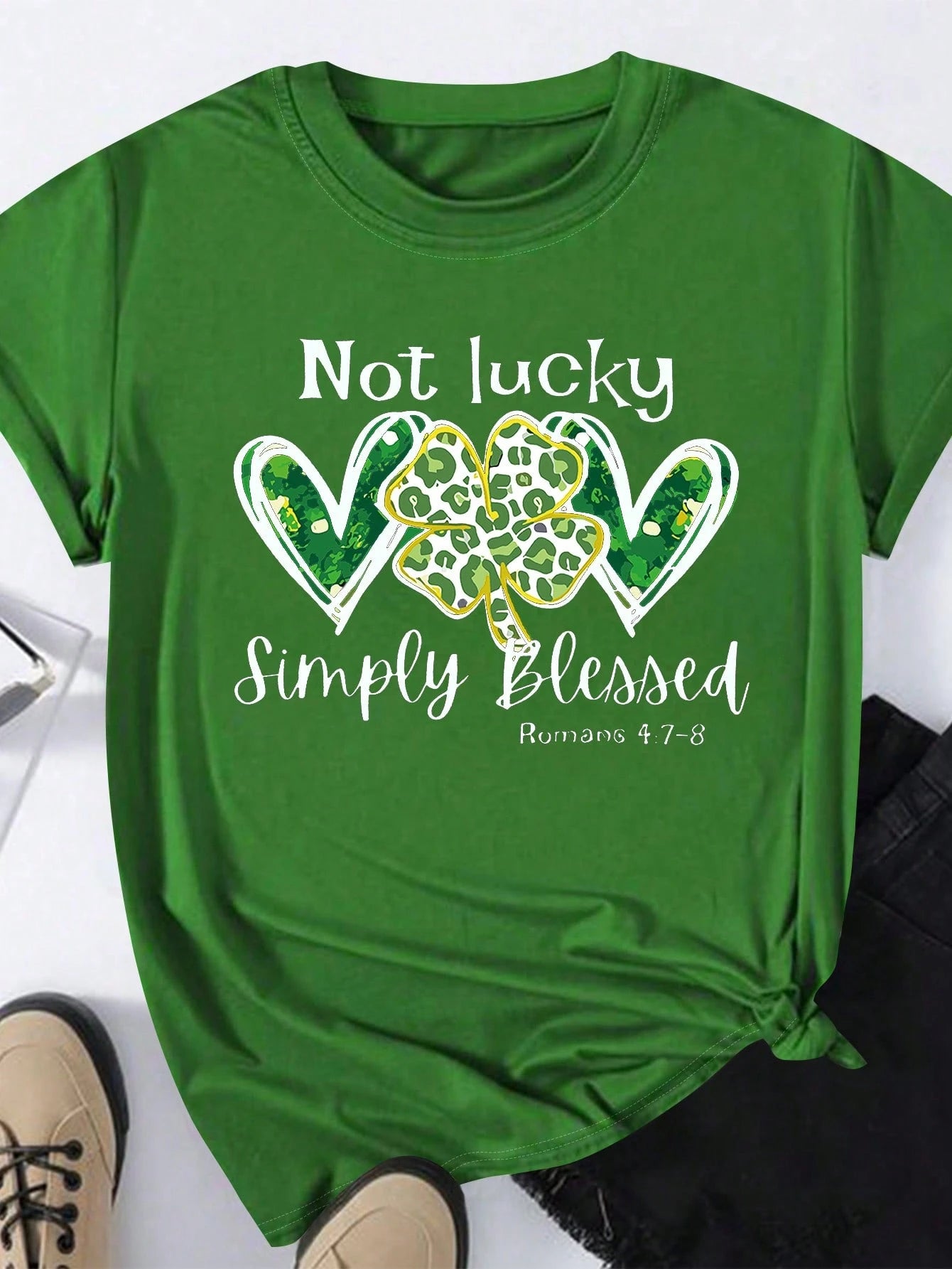 LUNE Women Plus Size Casual Heart, Letter & Clover Pattern Round Neck Short Sleeve T-Shirt, Graphic Tee, Women Summer Top, Not Lucky Simply Romans 4:78