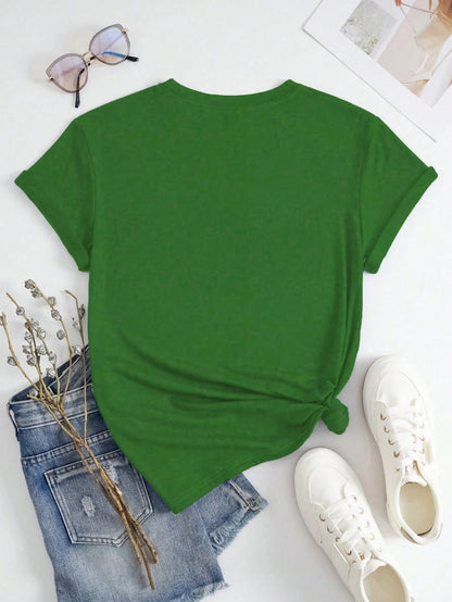 LUNE Women Plus Size Casual Heart, Letter & Clover Pattern Round Neck Short Sleeve T-Shirt, Graphic Tee, Women Summer Top, Not Lucky Simply Romans 4:78