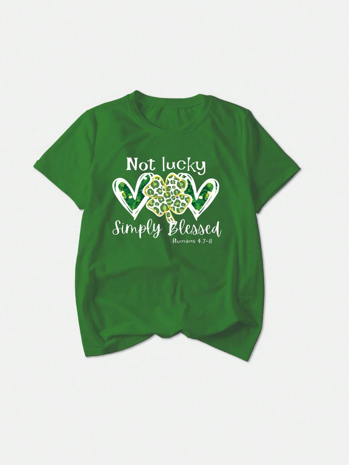 LUNE Women Plus Size Casual Heart, Letter & Clover Pattern Round Neck Short Sleeve T-Shirt, Graphic Tee, Women Summer Top, Not Lucky Simply Romans 4:78
