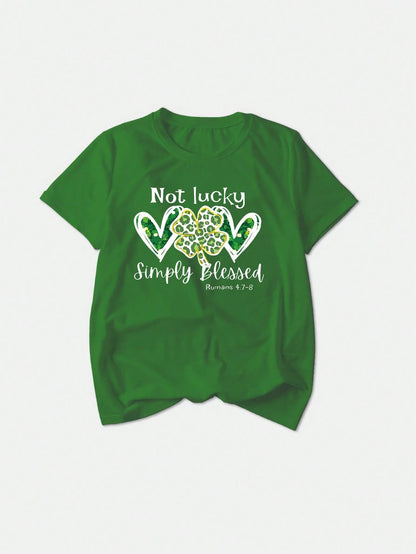 LUNE Women Plus Size Casual Heart, Letter & Clover Pattern Round Neck Short Sleeve T-Shirt, Graphic Tee, Women Summer Top, Not Lucky Simply Romans 4:78
