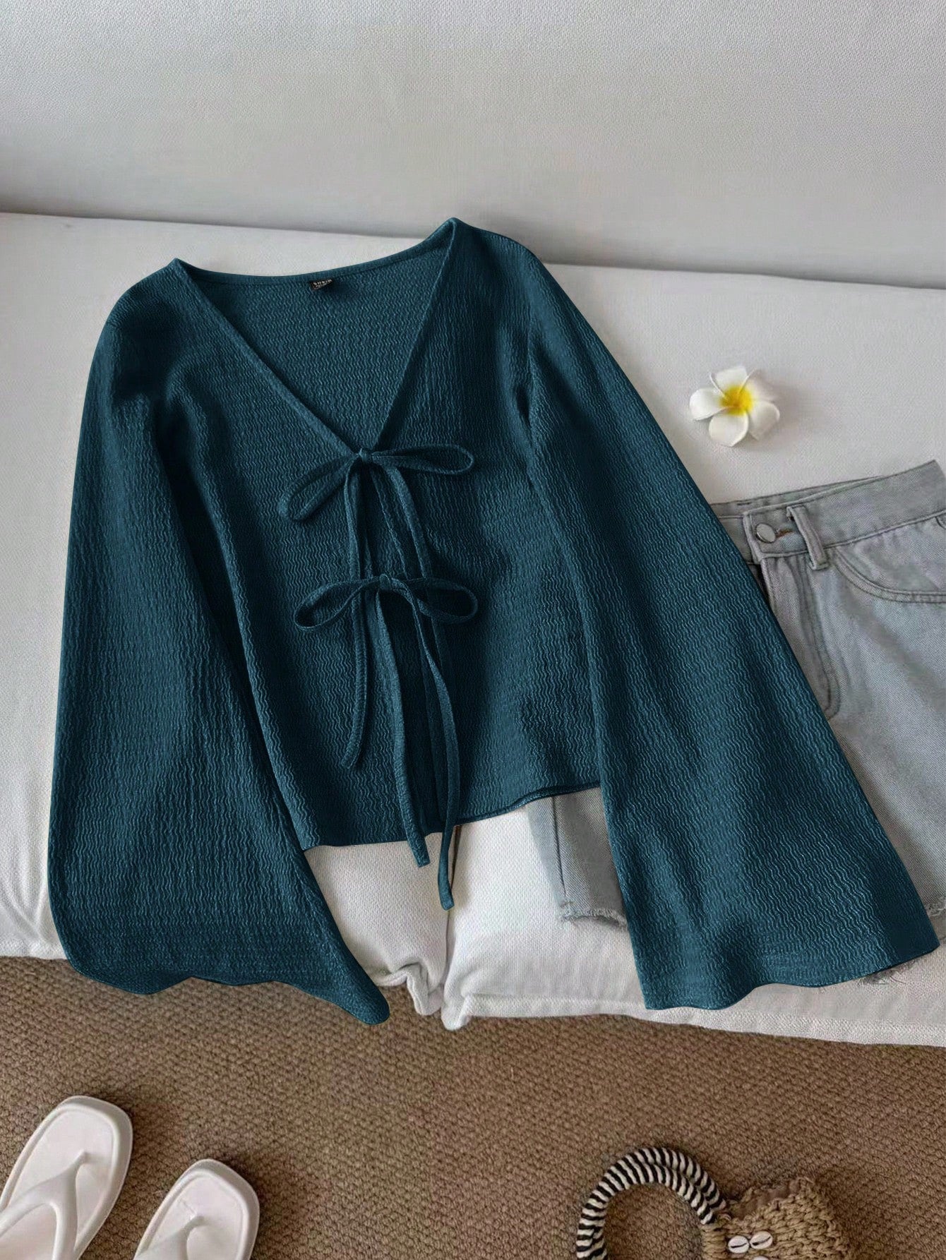 LUNE Women's Casual Solid Color Tie Flare Sleeve Top Green Top Dark Green Top Knit Top Green Cardigan Cottagecore Clothes,Casual
