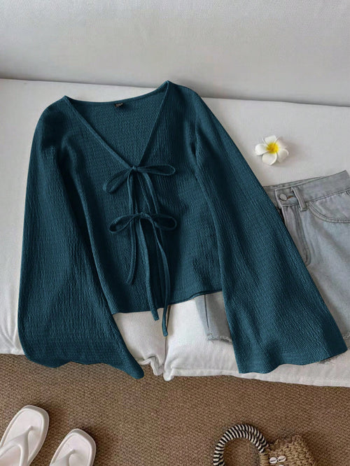 LUNE Women's Casual Solid Color Tie Flare Sleeve Top Green Top Dark Green Top Knit Top Green Cardigan Cottagecore Clothes,Casual