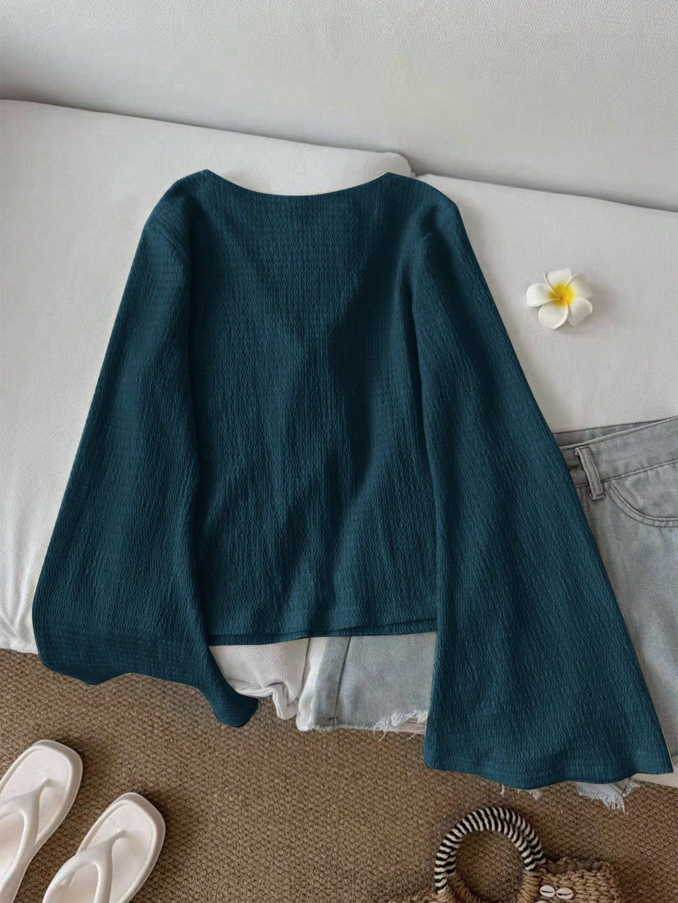 LUNE Women's Casual Solid Color Tie Flare Sleeve Top Green Top Dark Green Top Knit Top Green Cardigan Cottagecore Clothes,Casual