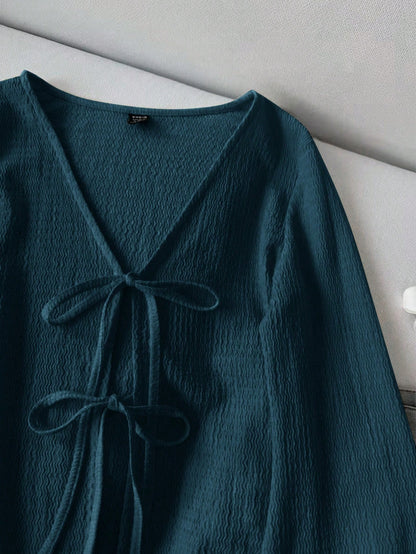 LUNE Women's Casual Solid Color Tie Flare Sleeve Top Green Top Dark Green Top Knit Top Green Cardigan Cottagecore Clothes,Casual