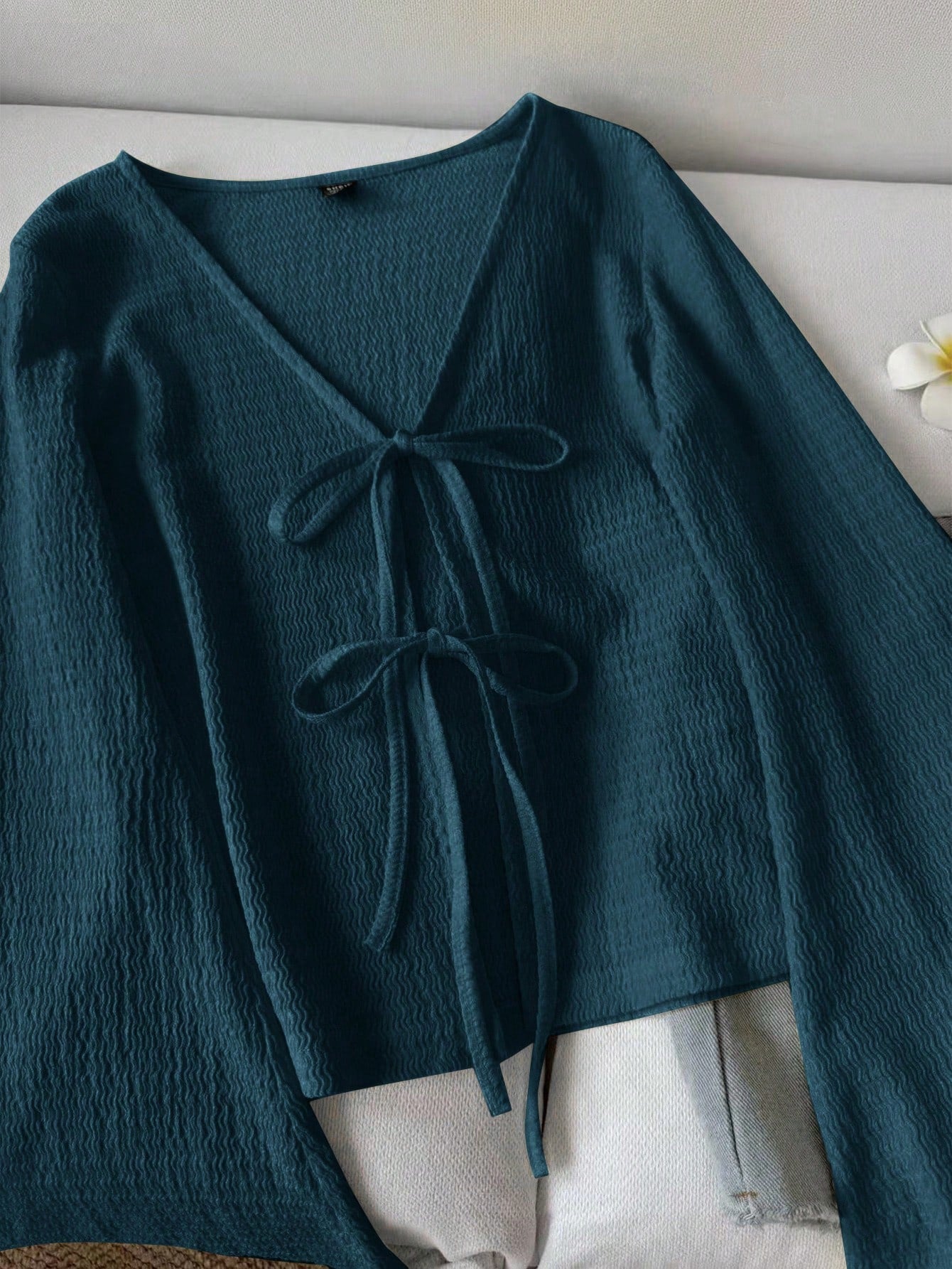 LUNE Women's Casual Solid Color Tie Flare Sleeve Top Green Top Dark Green Top Knit Top Green Cardigan Cottagecore Clothes,Casual