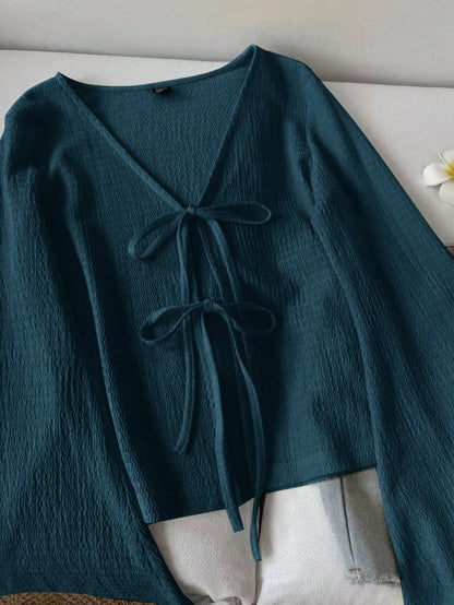 LUNE Women's Casual Solid Color Tie Flare Sleeve Top Green Top Dark Green Top Knit Top Green Cardigan Cottagecore Clothes,Casual