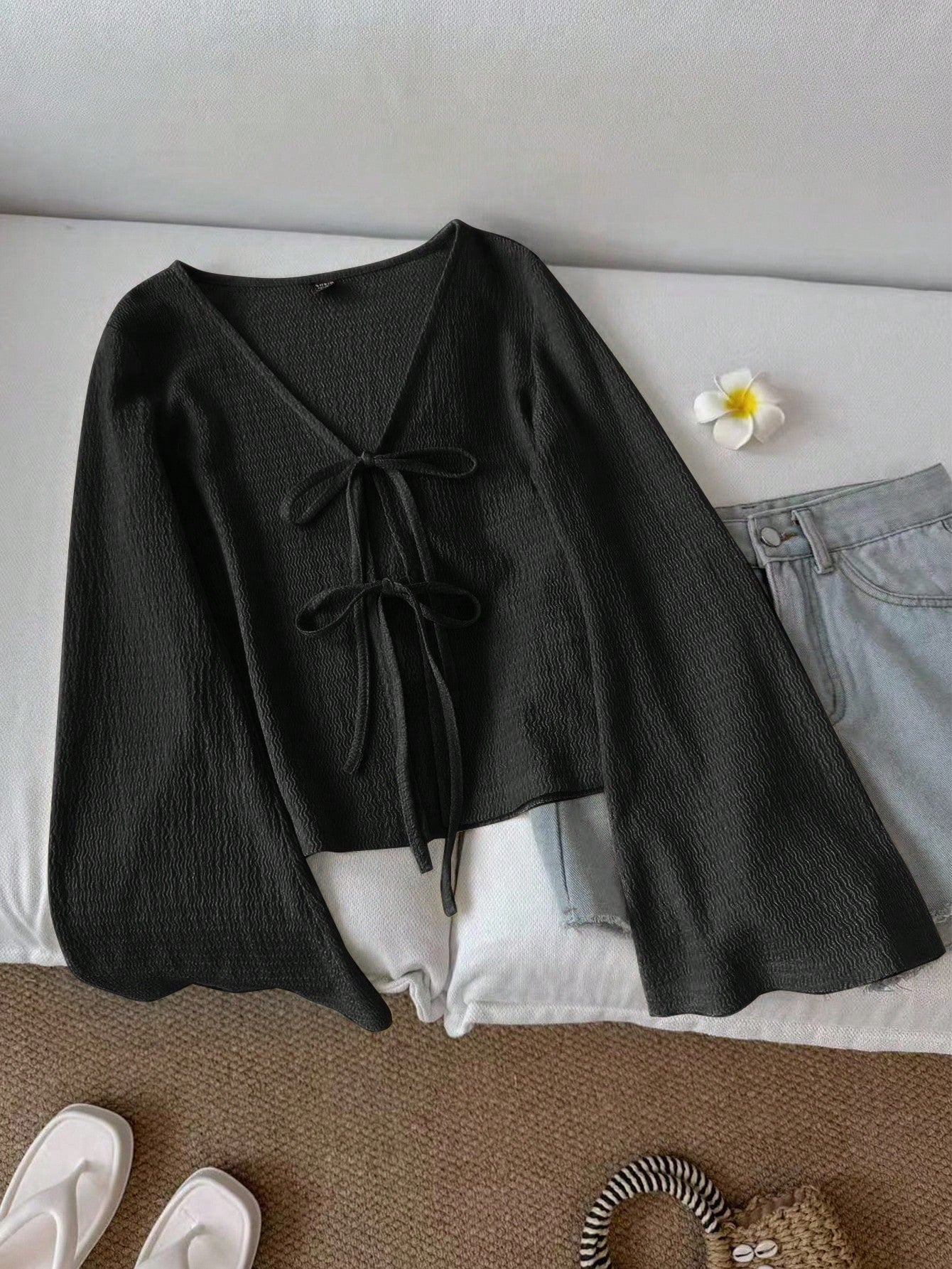 LUNE Women's Casual Solid Color Tie Flare Sleeve Top Green Top Dark Green Top Knit Top Green Cardigan Cottagecore Clothes,Casual