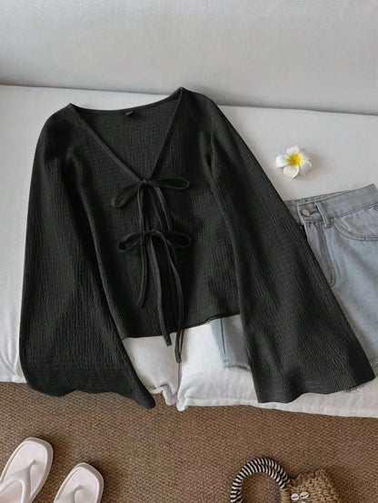 LUNE Women's Casual Solid Color Tie Flare Sleeve Top Green Top Dark Green Top Knit Top Green Cardigan Cottagecore Clothes,Casual