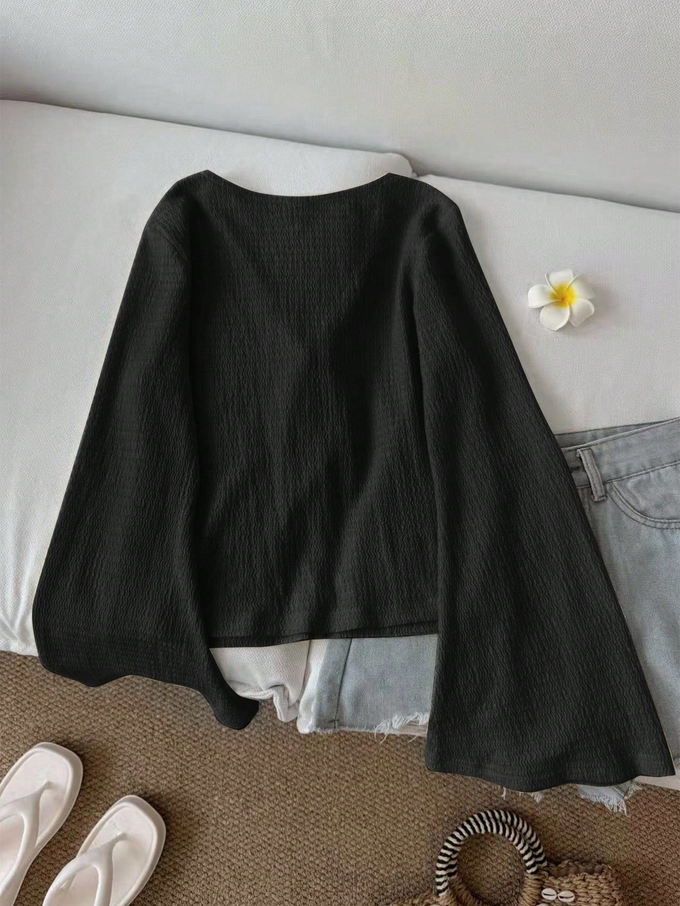 LUNE Women's Casual Solid Color Tie Flare Sleeve Top Green Top Dark Green Top Knit Top Green Cardigan Cottagecore Clothes,Casual