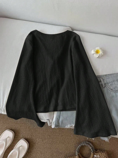 LUNE Women's Casual Solid Color Tie Flare Sleeve Top Green Top Dark Green Top Knit Top Green Cardigan Cottagecore Clothes,Casual