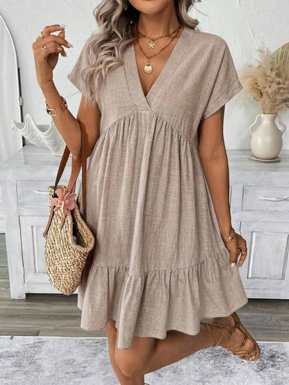 LUNE Women's Solid Color V-Neck Short Dress Vacation Khaki Green Summer Boho Casual