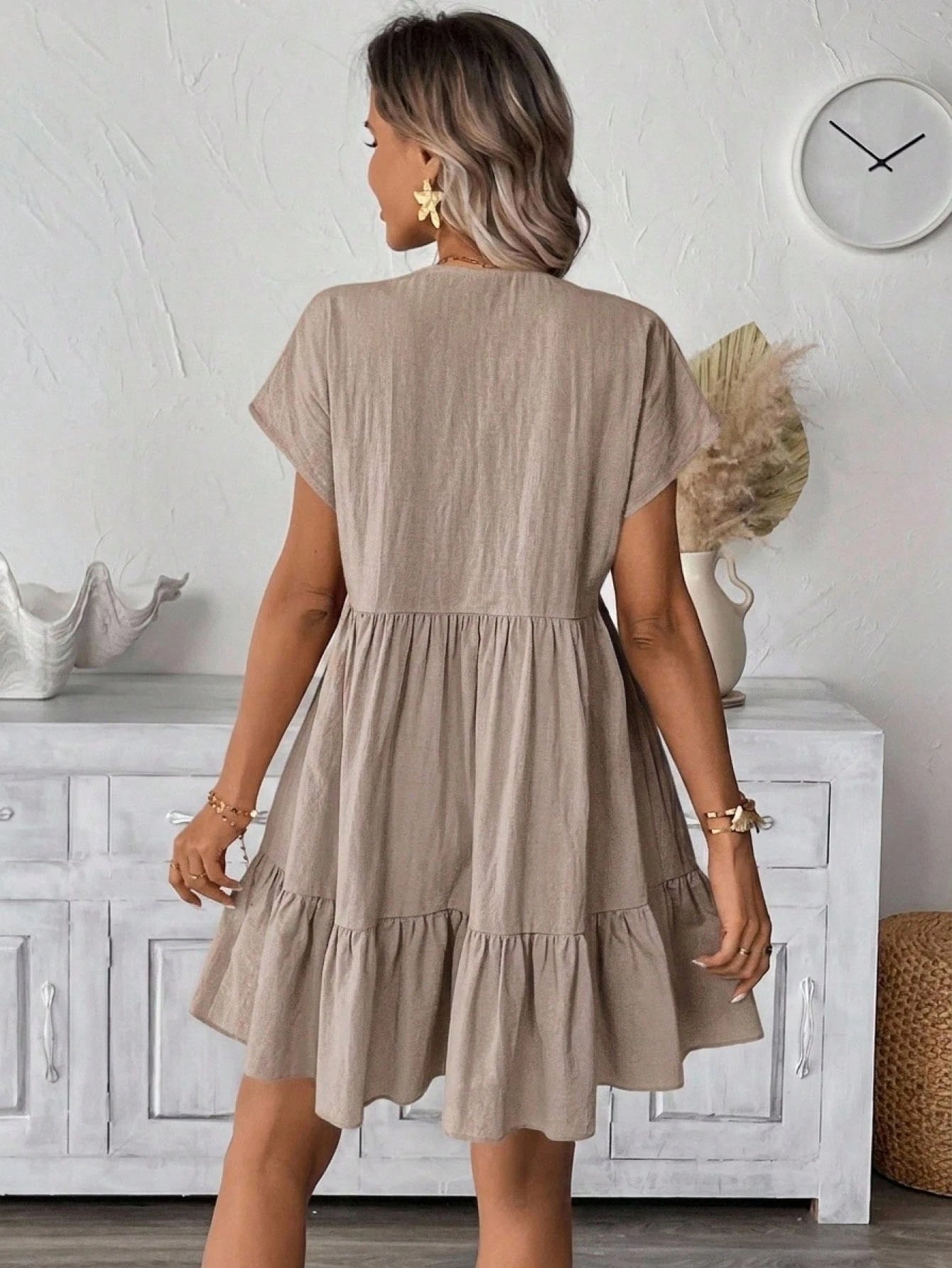 LUNE Women's Solid Color V-Neck Short Dress Vacation Khaki Green Summer Boho Casual
