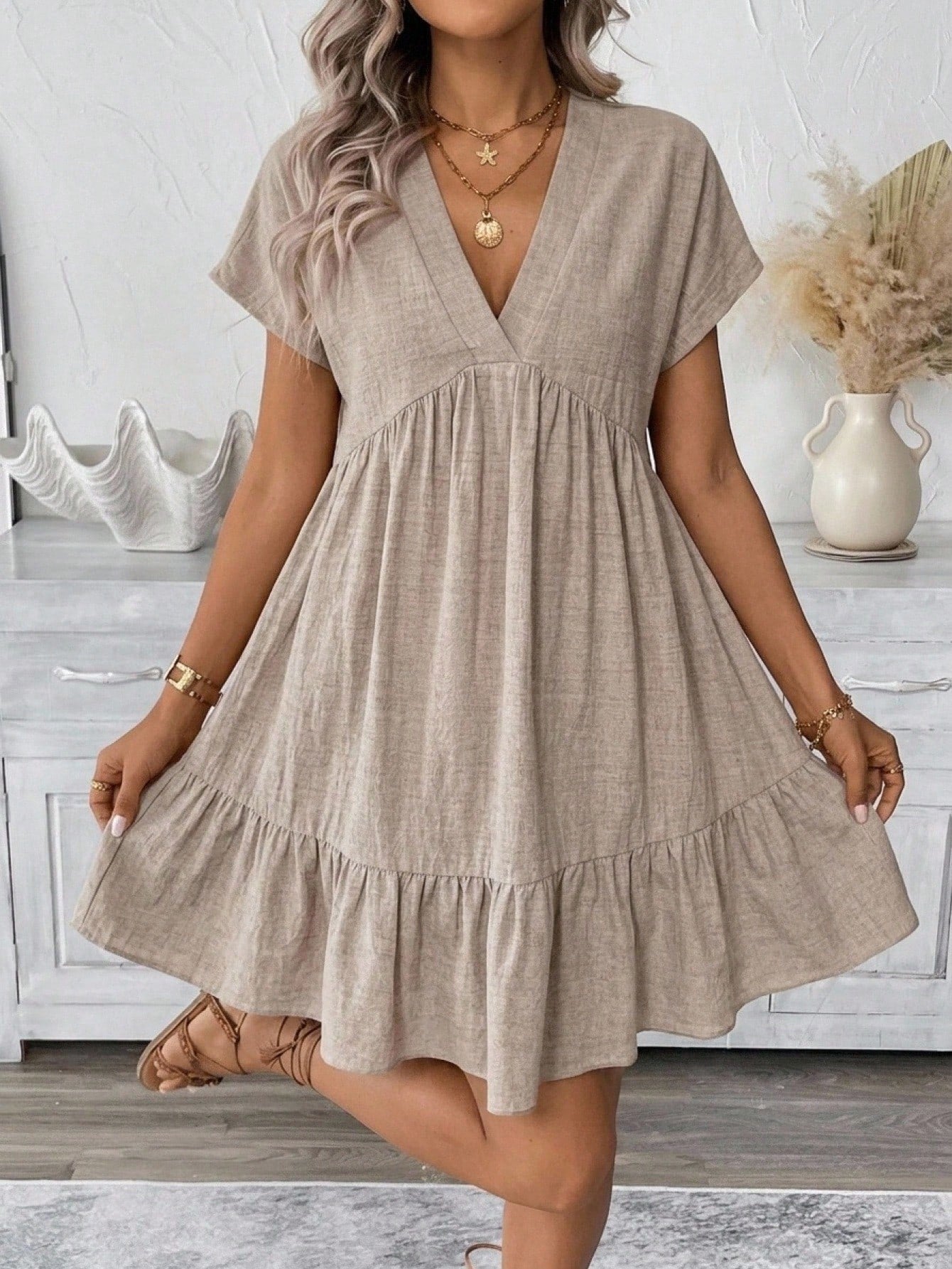 LUNE Women's Solid Color V-Neck Short Dress Vacation Khaki Green Summer Boho Casual