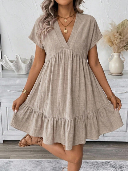 LUNE Women's Solid Color V-Neck Short Dress Vacation Khaki Green Summer Boho Casual