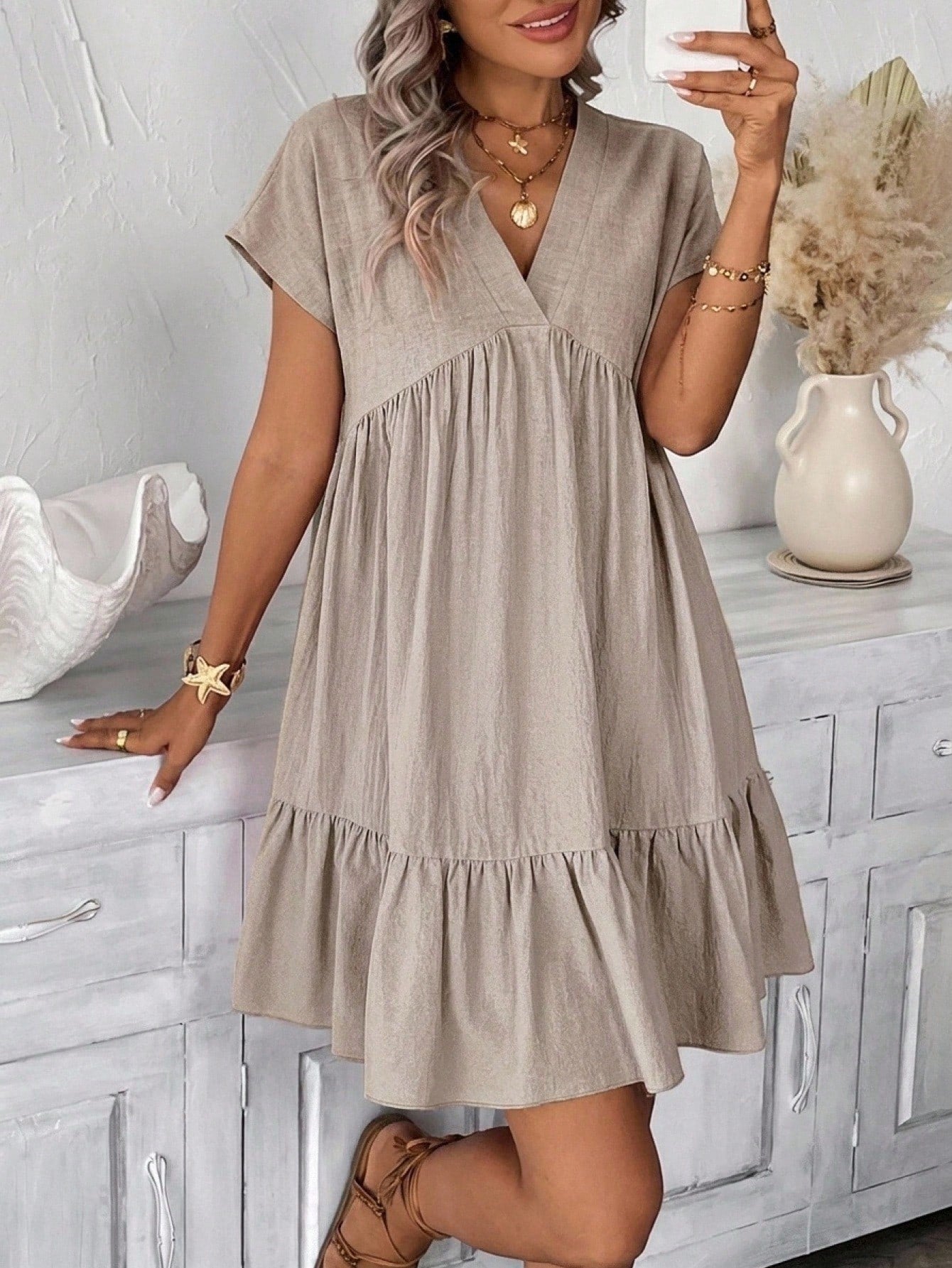 LUNE Women's Solid Color V-Neck Short Dress Vacation Khaki Green Summer Boho Casual