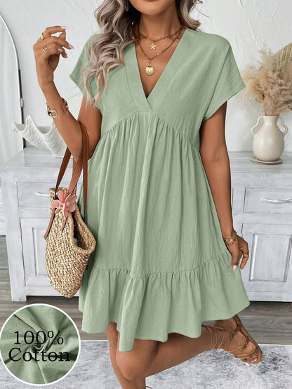 LUNE Women's Solid Color V-Neck Short Dress Vacation Khaki Green Summer Boho Casual