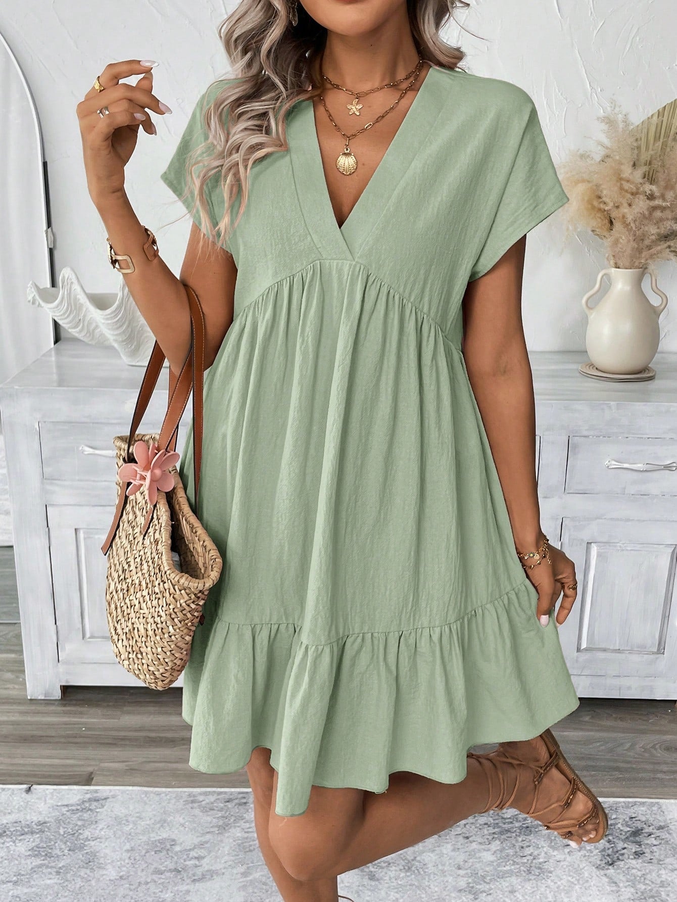 LUNE Women's Solid Color V-Neck Short Dress Vacation Khaki Green Summer Boho Casual