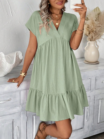 LUNE Women's Solid Color V-Neck Short Dress Vacation Khaki Green Summer Boho Casual
