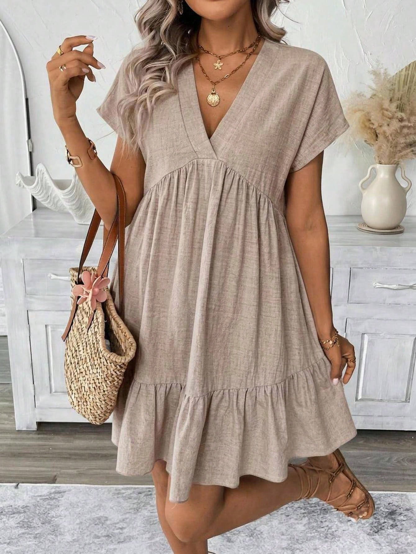LUNE Women's Solid Color V-Neck Short Dress Vacation Khaki Green Summer Boho Casual