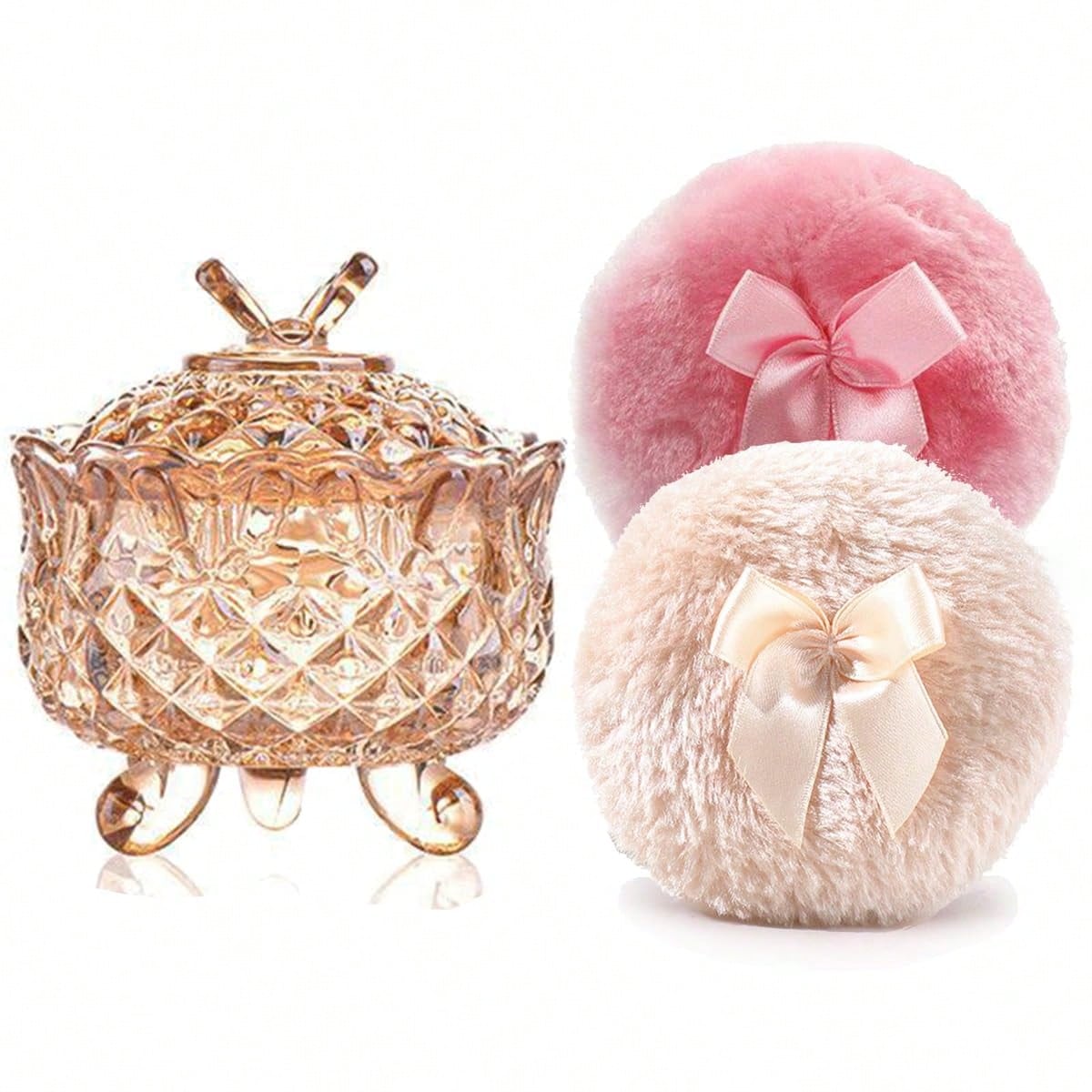 Luxury 4 Inch Glass Powder Container With 2 Soft 3.5" Puffs, Puff Jar,Loose Powder Storage,Easter Gifts For Women(Butterfly-Amberl)