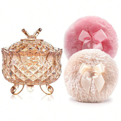 Luxury 4 Inch Glass Powder Container With 2 Soft 3.5" Puffs, Puff Jar,Loose Powder Storage,Easter Gifts For Women(Butterfly-Amberl)