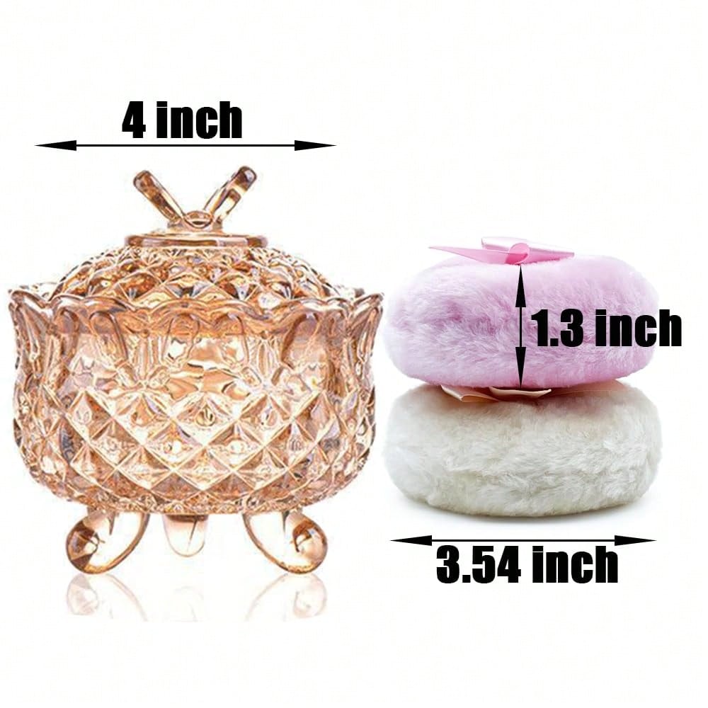 Luxury 4 Inch Glass Powder Container With 2 Soft 3.5" Puffs, Puff Jar,Loose Powder Storage,Easter Gifts For Women(Butterfly-Amberl)