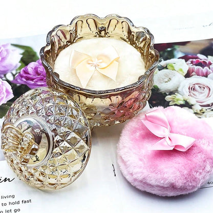 Luxury 4 Inch Glass Powder Container With 2 Soft 3.5" Puffs, Puff Jar,Loose Powder Storage,Easter Gifts For Women(Butterfly-Amberl)