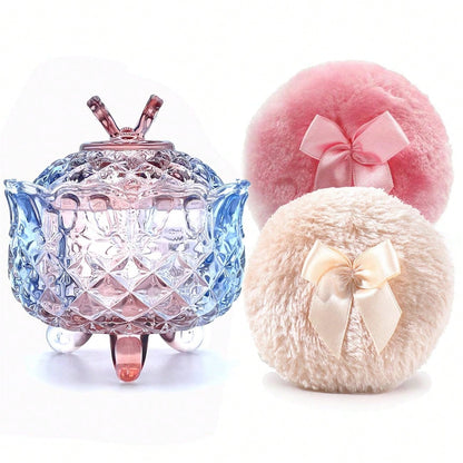 Luxury 4 Inch Glass Powder Container With 2 Soft 3.5" Puffs, Puff Jar,Loose Powder Storage,Easter Gifts For Women(Butterfly-Amberl)