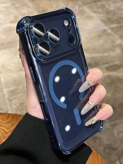 Luxury Blue Magnetic Style Translucent Shockproof Phone Case With Camera Lens Protection Supports Magnetic Wireless Charging Compatible With IPhone 17 Pro Max 17 Pro 17 16 15 14 13 Pro Max Provides Fu