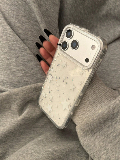 Luxury White Star Elements Fashion Phone Cases Transparent Phone Case With Star Patterns And Glitter Rhinestones Compatible With Iphone 16 Pro Max 15 New 14 13 Niche Women Full Coverage Anti-Fall Spri