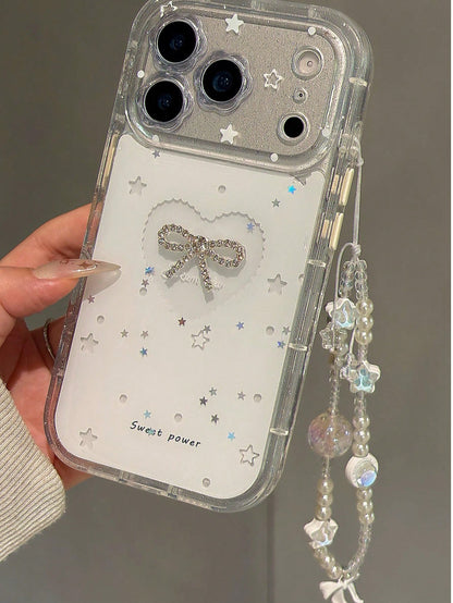 Luxury White Star Elements Fashion Phone Cases Transparent Phone Case With Star Patterns And Glitter Rhinestones Compatible With Iphone 16 Pro Max 15 New 14 13 Niche Women Full Coverage Anti-Fall Spri