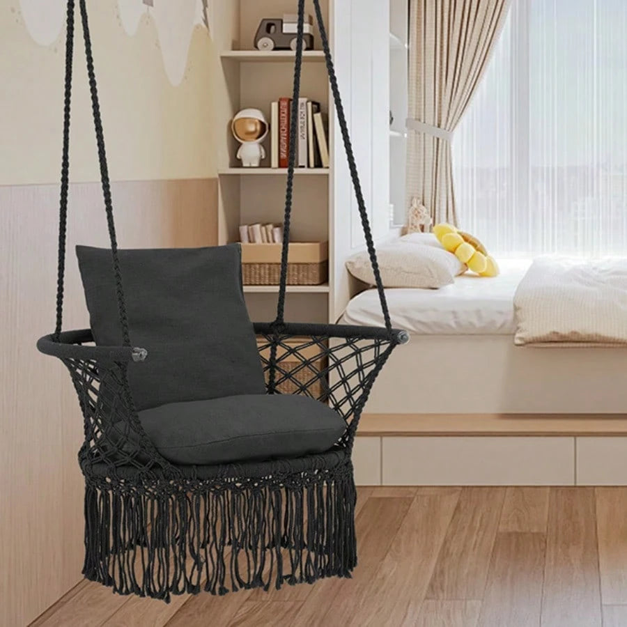 Macrame Hanging Swing Chair, Boho Style Cotton Rope Hammock Chair W/Tassels Max 350 Lbs For Bedroom, Living Room, Porch, Balcony