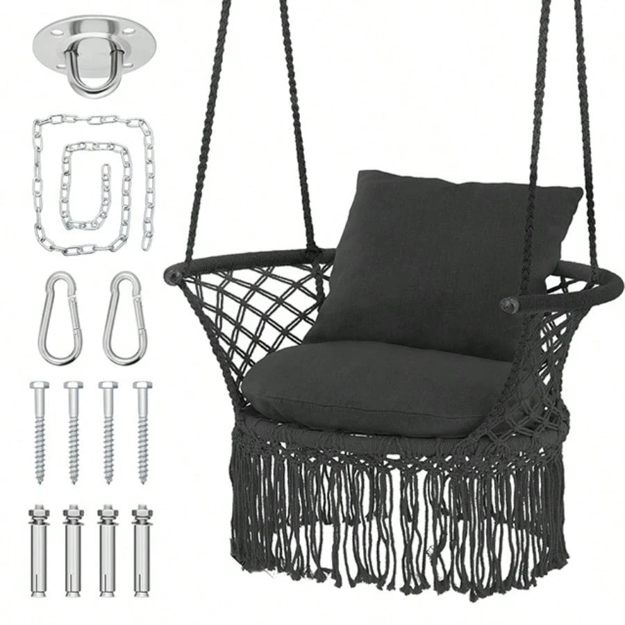 Macrame Hanging Swing Chair, Boho Style Cotton Rope Hammock Chair W/Tassels Max 350 Lbs For Bedroom, Living Room, Porch, Balcony
