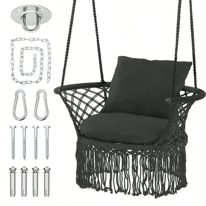 Macrame Hanging Swing Chair, Boho Style Cotton Rope Hammock Chair W/Tassels Max 350 Lbs For Bedroom, Living Room, Porch, Balcony