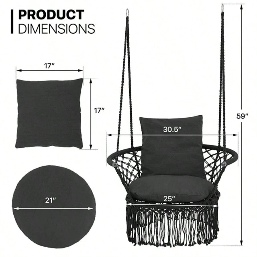 Macrame Hanging Swing Chair, Boho Style Cotton Rope Hammock Chair W/Tassels Max 350 Lbs For Bedroom, Living Room, Porch, Balcony