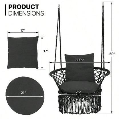 Macrame Hanging Swing Chair, Boho Style Cotton Rope Hammock Chair W/Tassels Max 350 Lbs For Bedroom, Living Room, Porch, Balcony