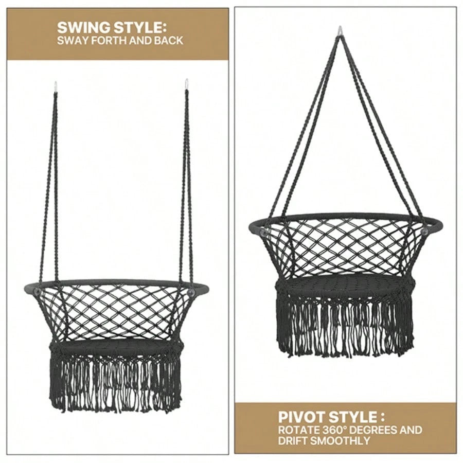 Macrame Hanging Swing Chair, Boho Style Cotton Rope Hammock Chair W/Tassels Max 350 Lbs For Bedroom, Living Room, Porch, Balcony