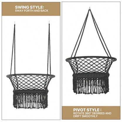 Macrame Hanging Swing Chair, Boho Style Cotton Rope Hammock Chair W/Tassels Max 350 Lbs For Bedroom, Living Room, Porch, Balcony
