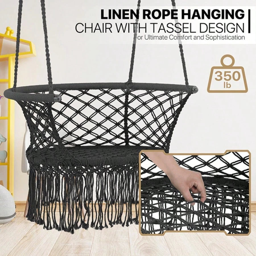 Macrame Hanging Swing Chair, Boho Style Cotton Rope Hammock Chair W/Tassels Max 350 Lbs For Bedroom, Living Room, Porch, Balcony