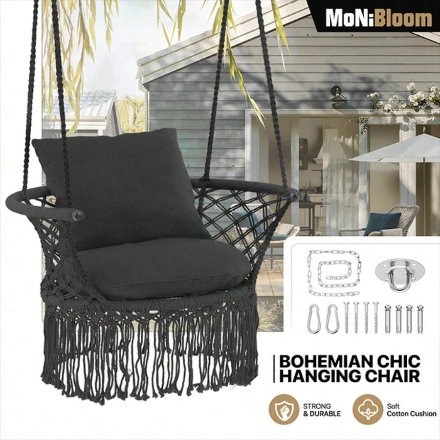 Macrame Hanging Swing Chair, Boho Style Cotton Rope Hammock Chair W/Tassels Max 350 Lbs For Bedroom, Living Room, Porch, Balcony