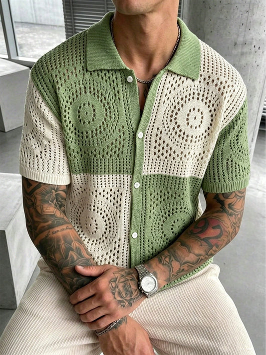Manfinity LEGND Men's Colorblock Single-Breasted Casual Cute Vintage Versatile Everyday Knit Top Golf Green Vacation Summer