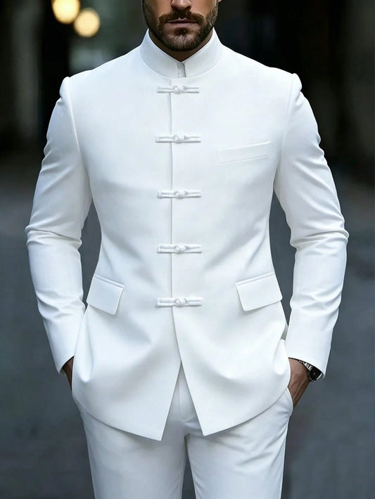 Manfinity Mode Men's Luxurious Frog Button Design Stand Collar Suit Jacket, The Stand Collar Design Provides More Style And Layering, Suitable For Daily Commute, Business, Party And Banquet Wear. This