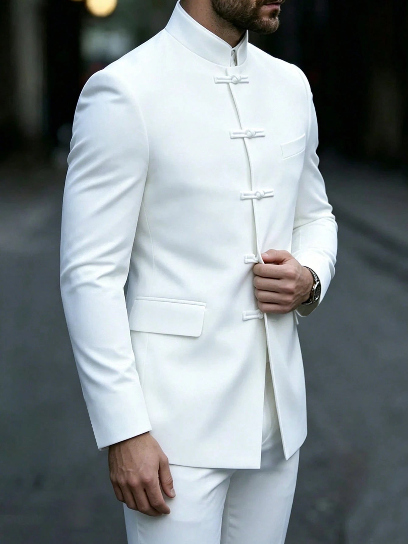 Manfinity Mode Men's Luxurious Frog Button Design Stand Collar Suit Jacket, The Stand Collar Design Provides More Style And Layering, Suitable For Daily Commute, Business, Party And Banquet Wear. This
